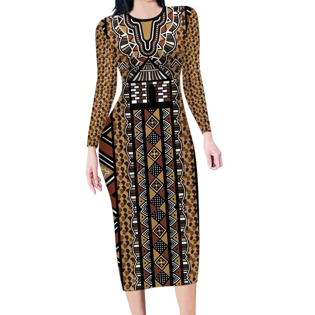Mali Mud Cloth Leopards Legacy Long Sleeve Bodycon Dress Tribal Village - Wonder Print Shop