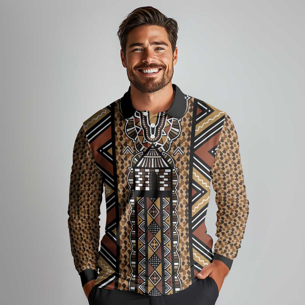 Mali Mud Cloth Leopards Legacy Long Sleeve Polo Shirt Tribal Village - Wonder Print Shop