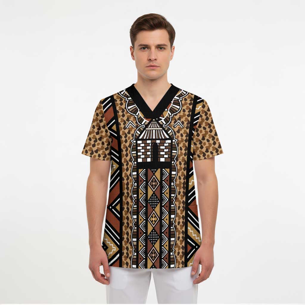 Mali Mud Cloth Leopards Legacy Scrub Top Tribal Village - Wonder Print Shop