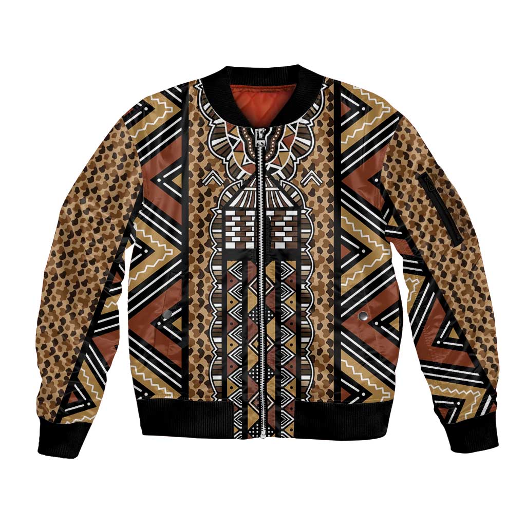 Mali Mud Cloth Leopards Legacy Sleeve Zip Bomber Jacket Tribal Village - Wonder Print Shop