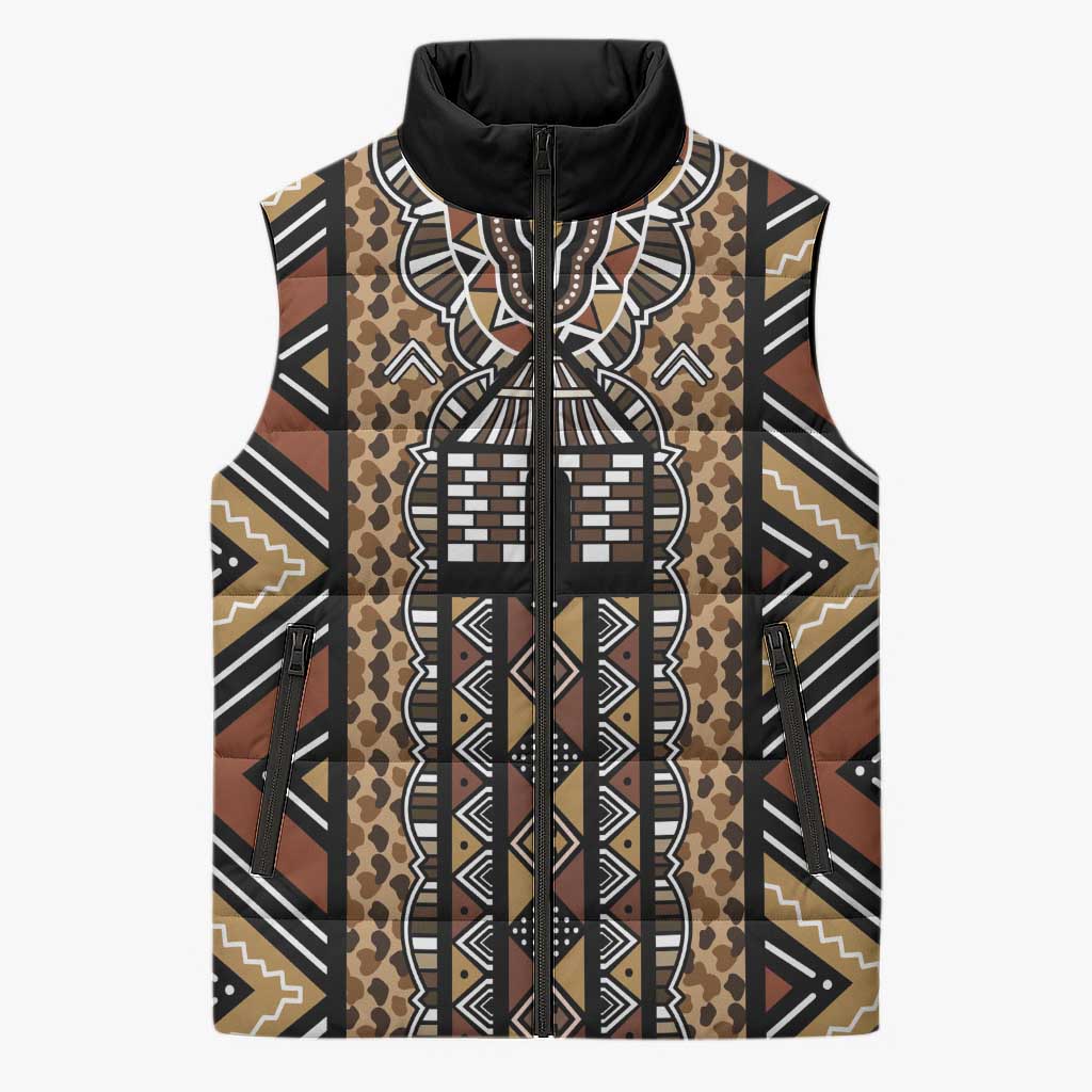 Mali Mud Cloth Leopards Legacy Sleeveless Puffer Jacket Tribal Village - Wonder Print Shop