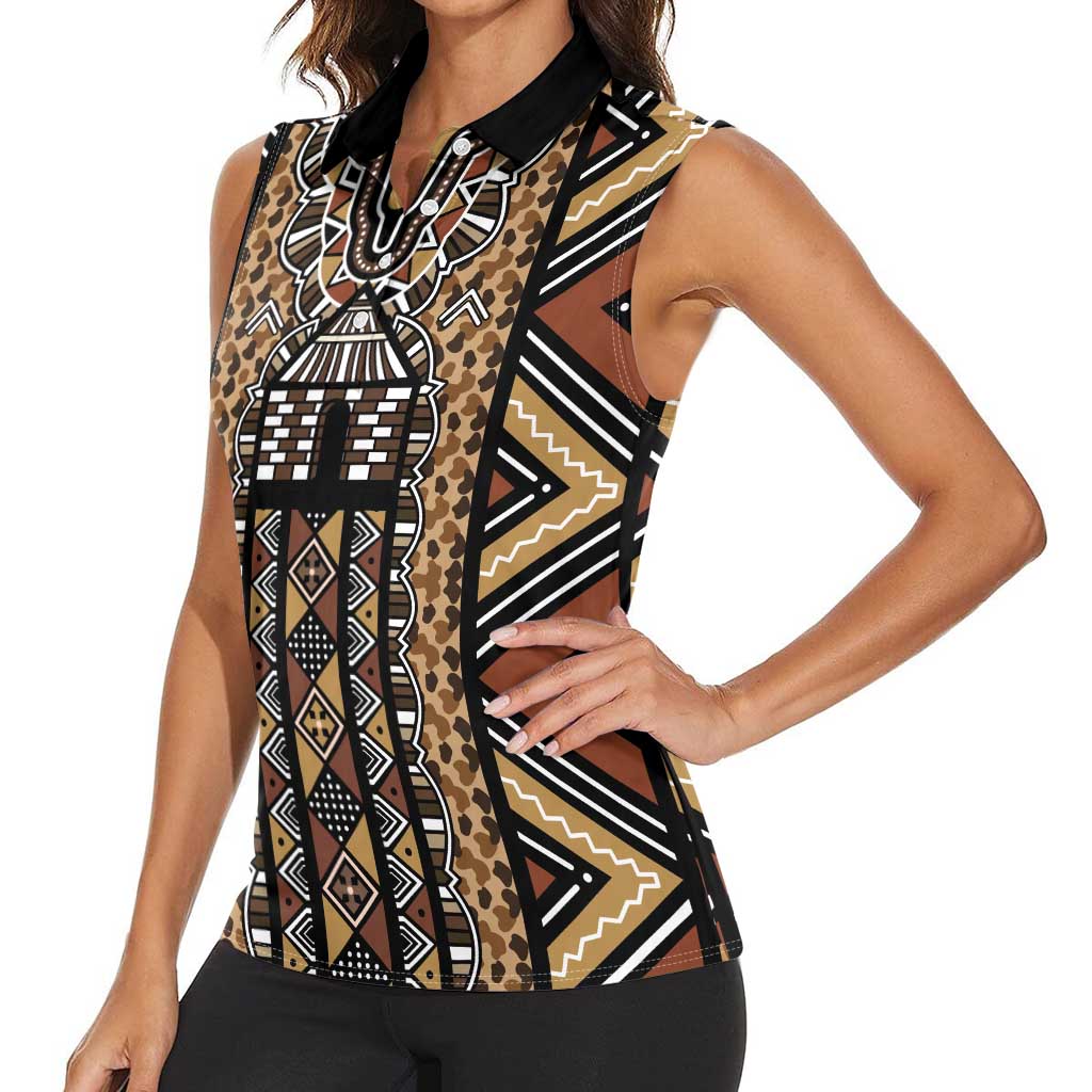 Mali Mud Cloth Leopards Legacy Women Sleeveless Polo Shirt Tribal Village - Wonder Print Shop