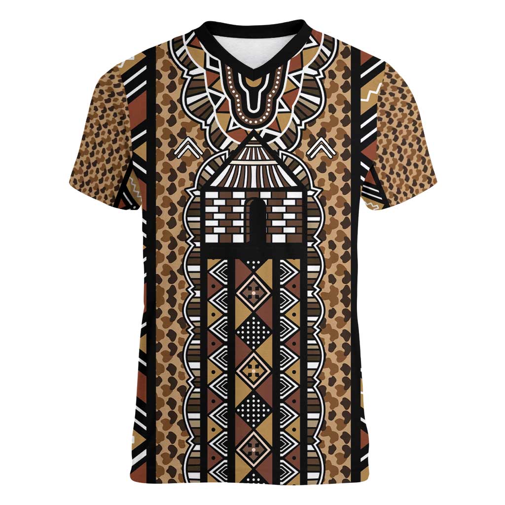 Mali Mud Cloth Leopards Legacy Women V-Neck T-Shirt Tribal Village - Wonder Print Shop