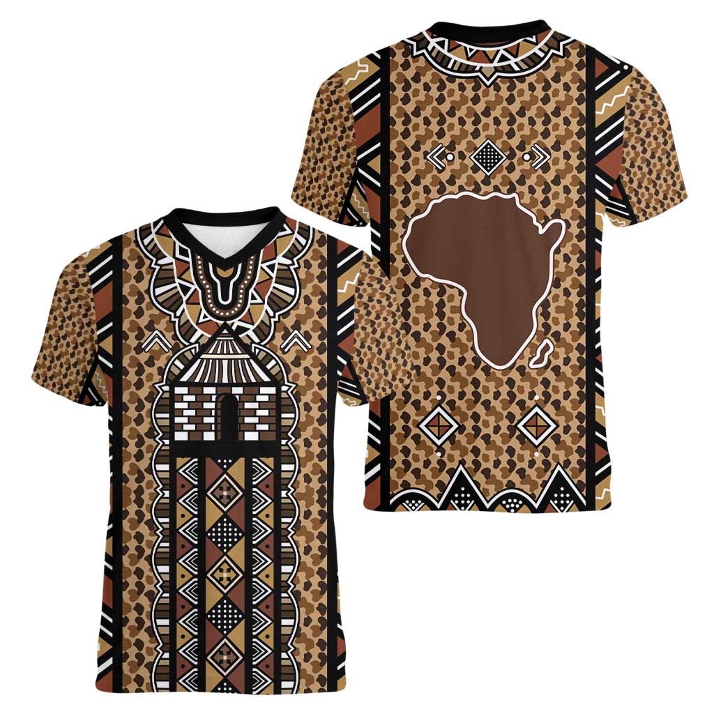 Mali Mud Cloth Leopards Legacy Women V-Neck T-Shirt Tribal Village - Wonder Print Shop