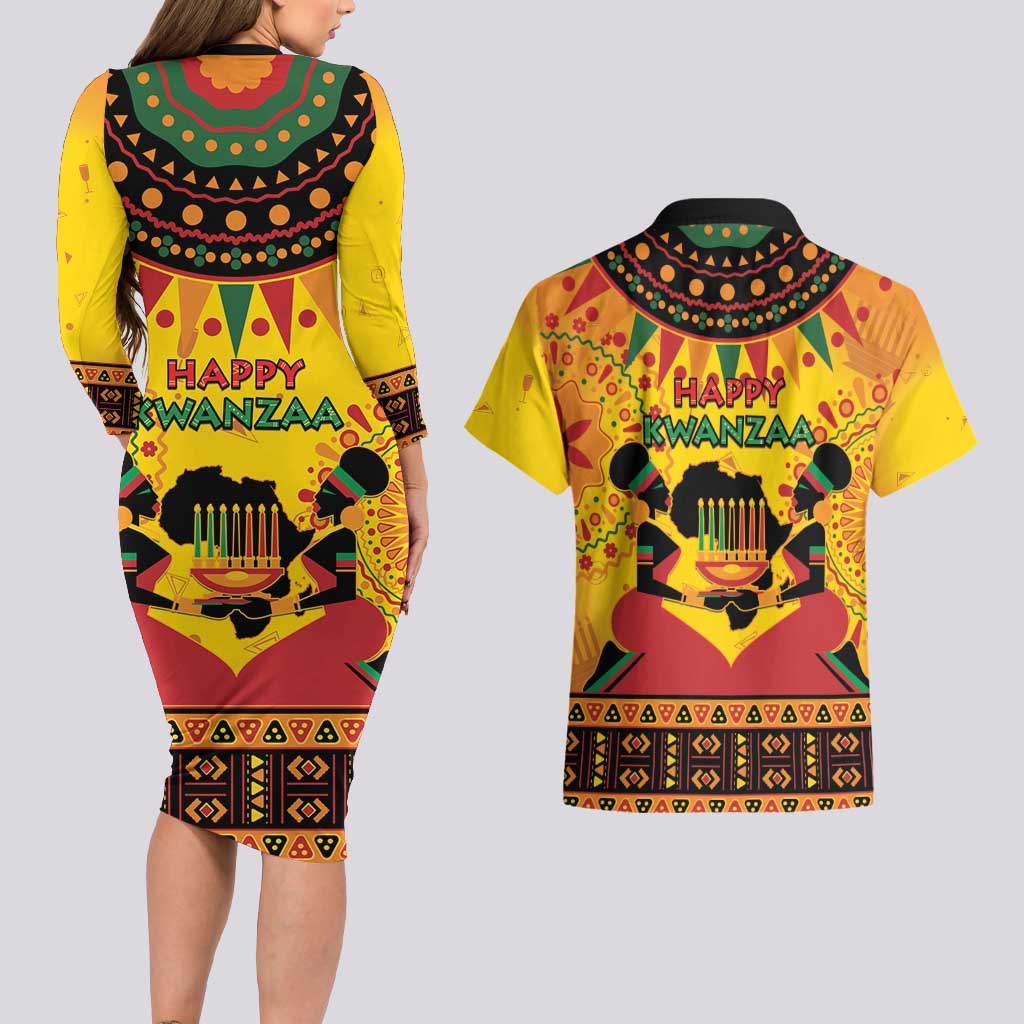 Kwanzaa Holiday Couples Matching Long Sleeve Bodycon Dress and Hawaiian Shirt African Pattern - Wonder Print Shop