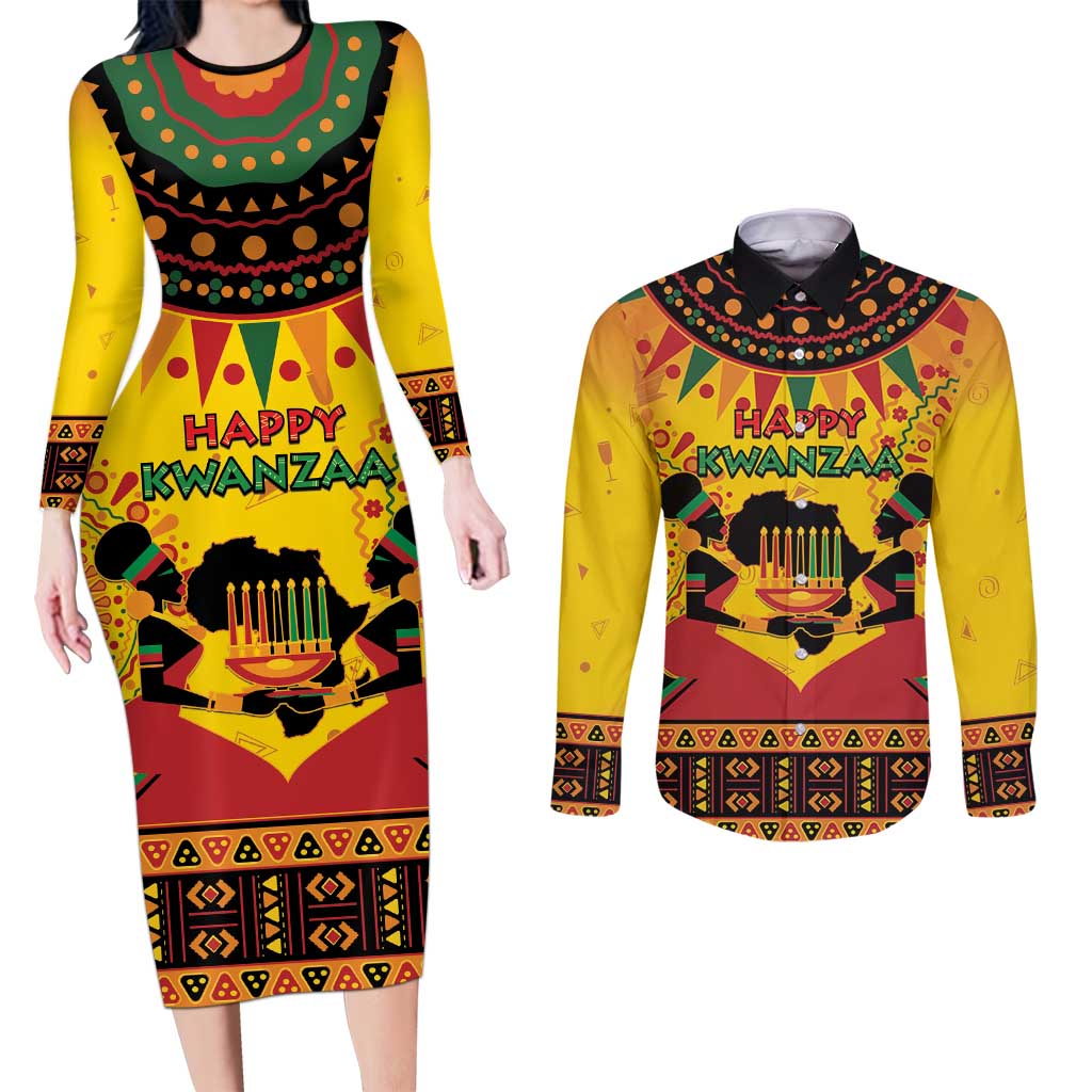 Kwanzaa Holiday Couples Matching Long Sleeve Bodycon Dress and Long Sleeve Button Shirt African Pattern - Wonder Print Shop
