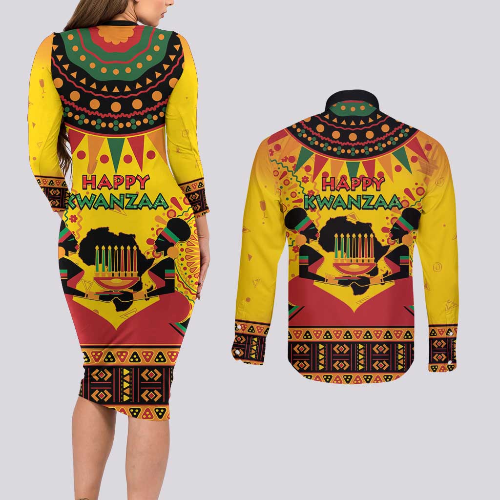 Kwanzaa Holiday Couples Matching Long Sleeve Bodycon Dress and Long Sleeve Button Shirt African Pattern - Wonder Print Shop