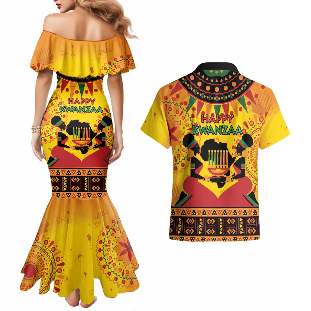 Kwanzaa Holiday Couples Matching Mermaid Dress and Hawaiian Shirt African Pattern - Wonder Print Shop