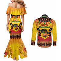Kwanzaa Holiday Couples Matching Mermaid Dress and Long Sleeve Button Shirt African Pattern