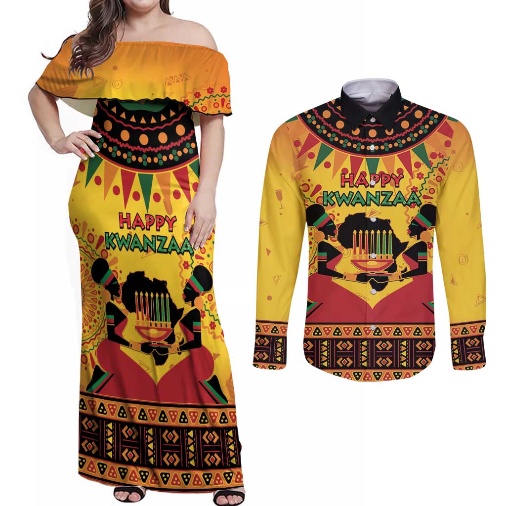 Kwanzaa Holiday Couples Matching Off Shoulder Maxi Dress and Long Sleeve Button Shirt African Pattern - Wonder Print Shop