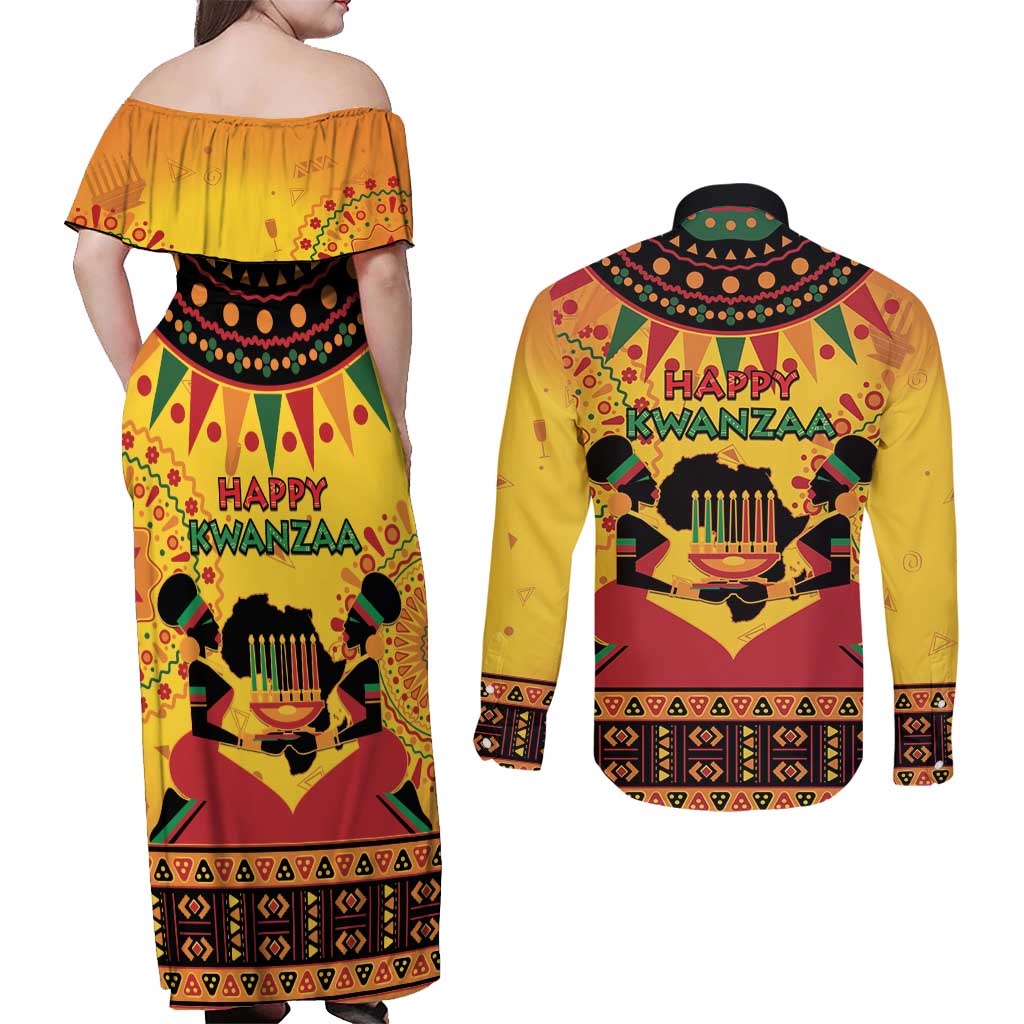Kwanzaa Holiday Couples Matching Off Shoulder Maxi Dress and Long Sleeve Button Shirt African Pattern - Wonder Print Shop