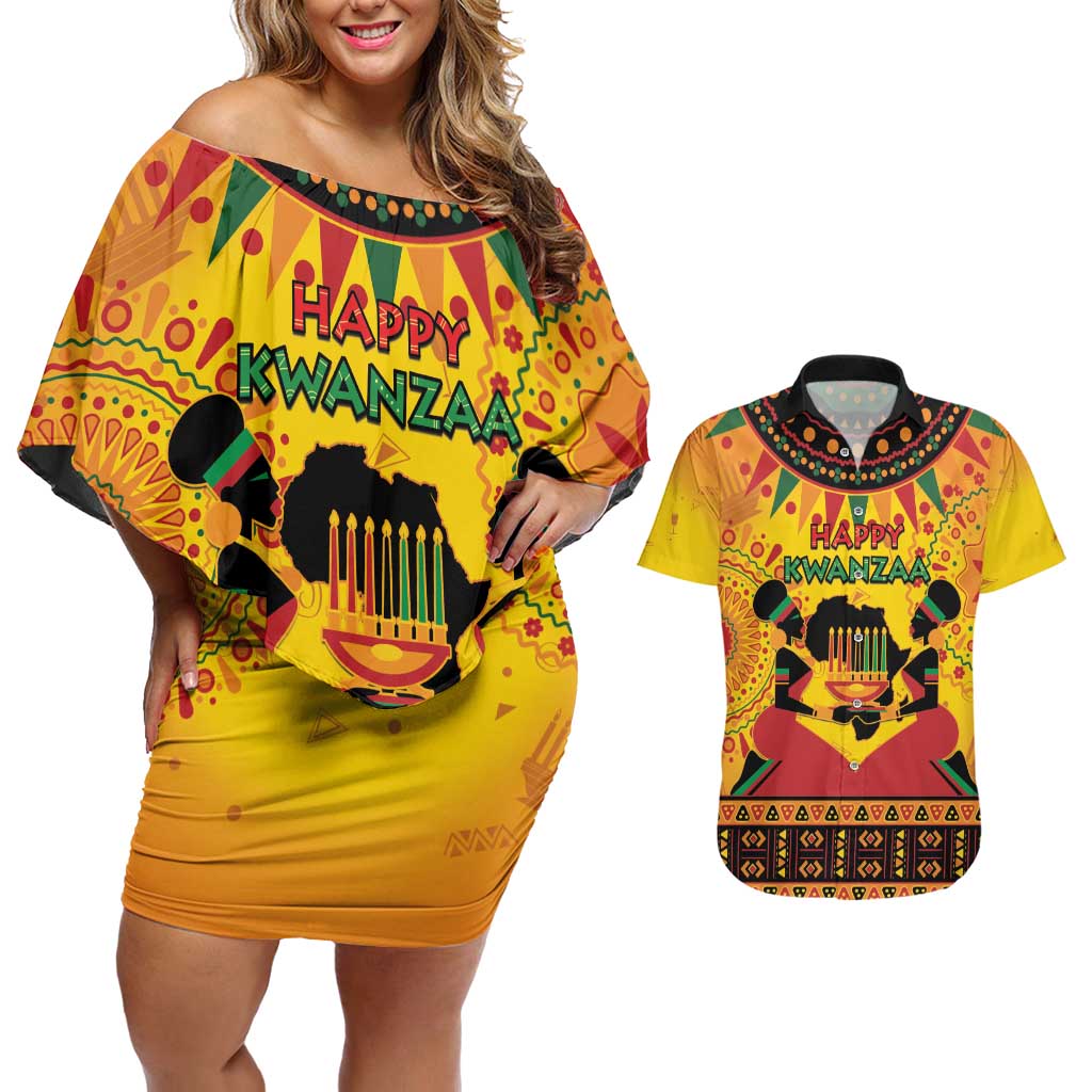 Kwanzaa Holiday Couples Matching Off Shoulder Short Dress and Hawaiian Shirt African Pattern - Wonder Print Shop