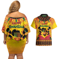 Kwanzaa Holiday Couples Matching Off Shoulder Short Dress and Hawaiian Shirt African Pattern - Wonder Print Shop