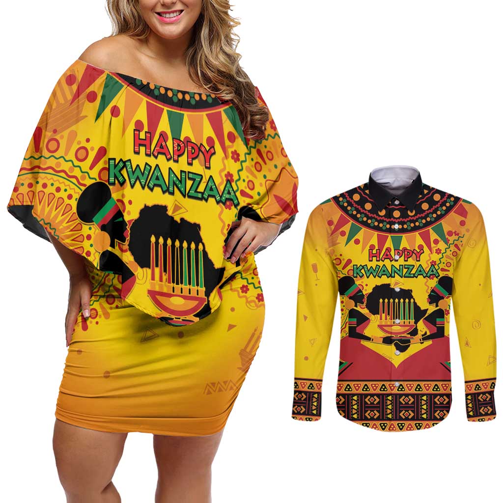 Kwanzaa Holiday Couples Matching Off Shoulder Short Dress and Long Sleeve Button Shirt African Pattern - Wonder Print Shop