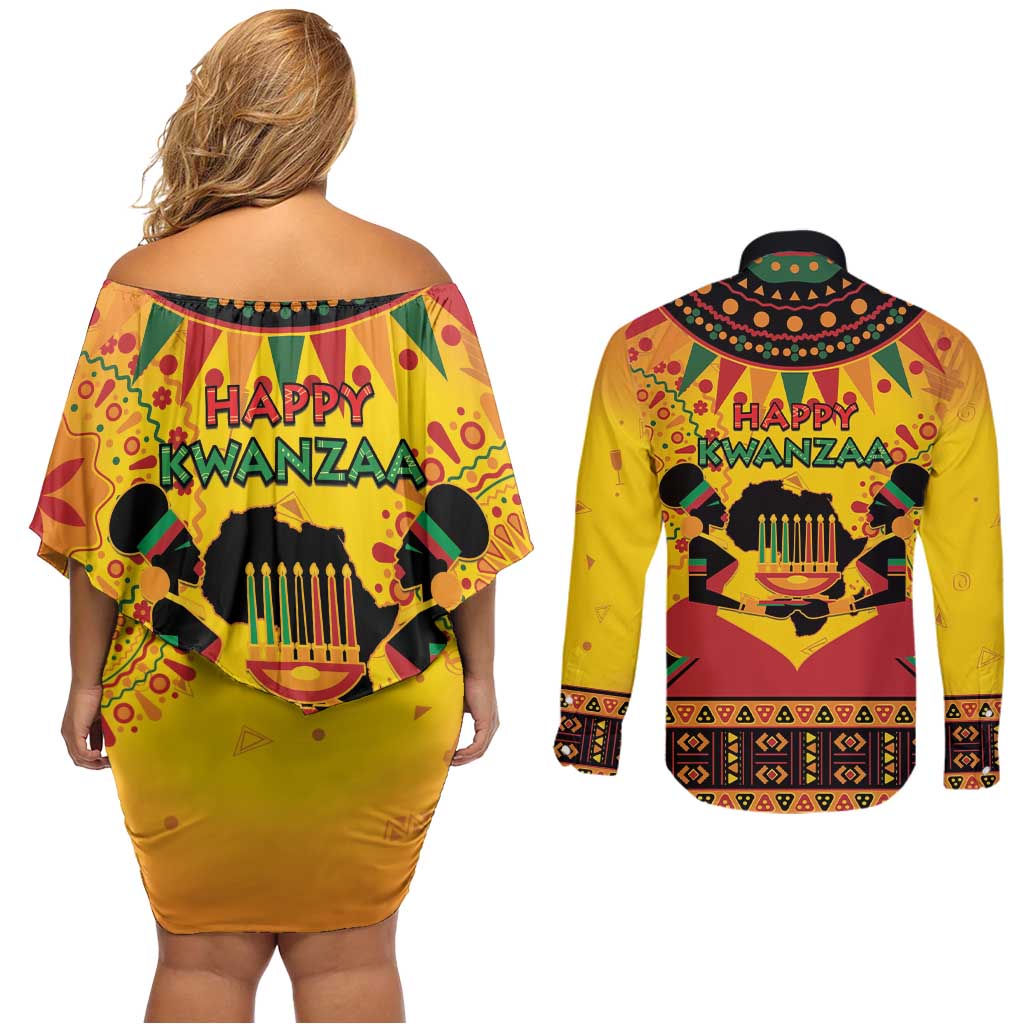 Kwanzaa Holiday Couples Matching Off Shoulder Short Dress and Long Sleeve Button Shirt African Pattern - Wonder Print Shop