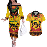 Kwanzaa Holiday Couples Matching Off The Shoulder Long Sleeve Dress and Hawaiian Shirt African Pattern - Wonder Print Shop