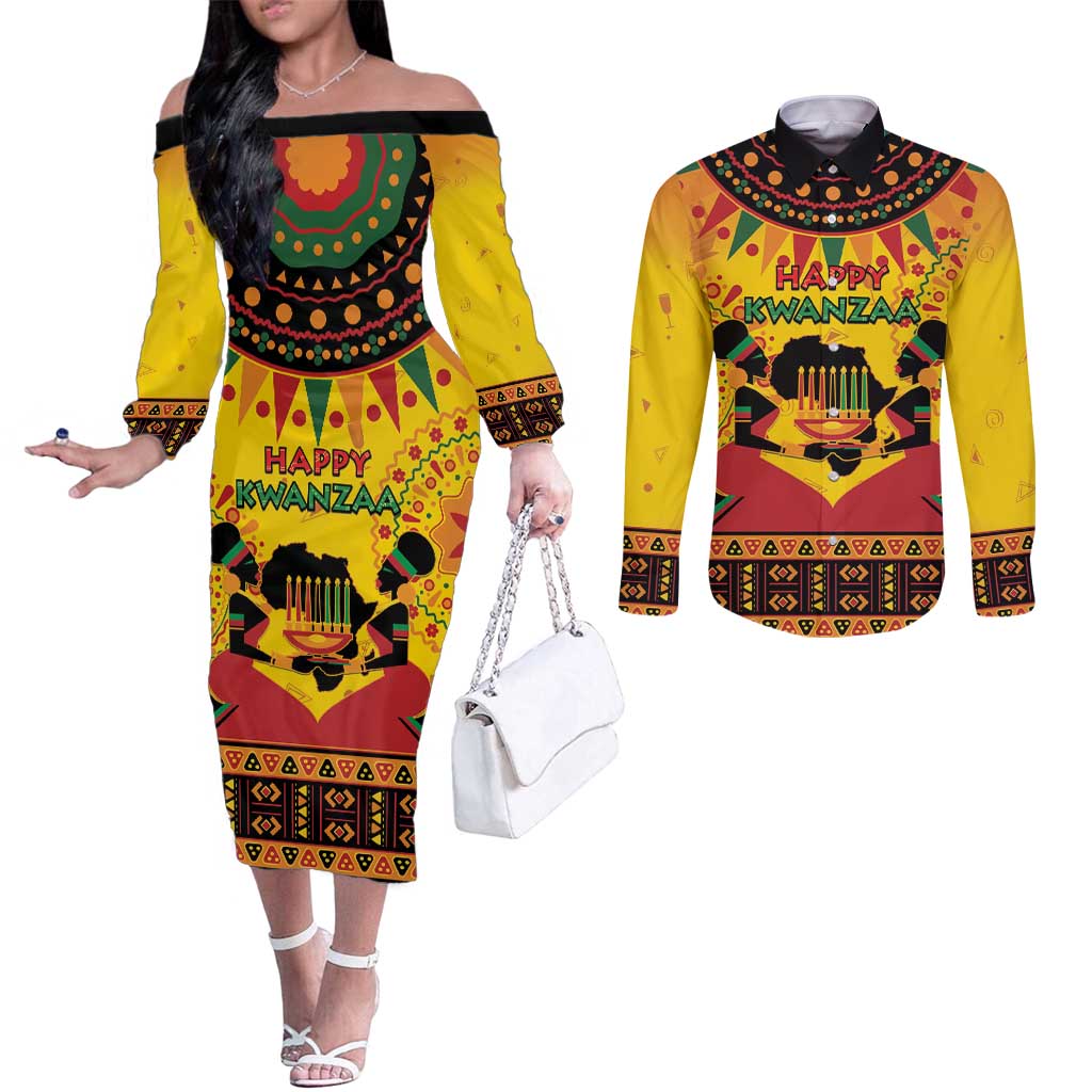 Kwanzaa Holiday Couples Matching Off The Shoulder Long Sleeve Dress and Long Sleeve Button Shirt African Pattern