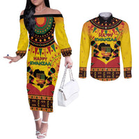 Kwanzaa Holiday Couples Matching Off The Shoulder Long Sleeve Dress and Long Sleeve Button Shirt African Pattern
