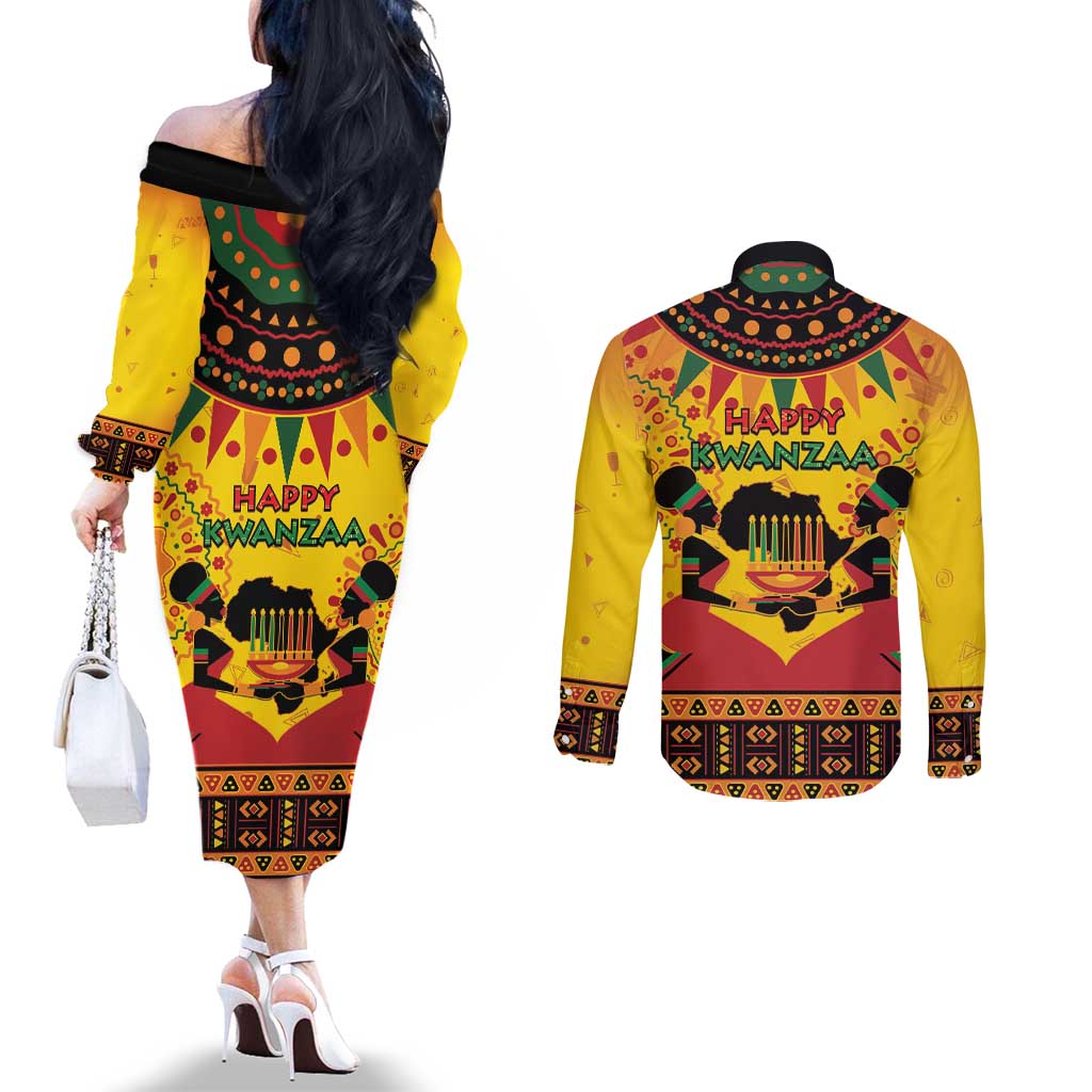 Kwanzaa Holiday Couples Matching Off The Shoulder Long Sleeve Dress and Long Sleeve Button Shirt African Pattern