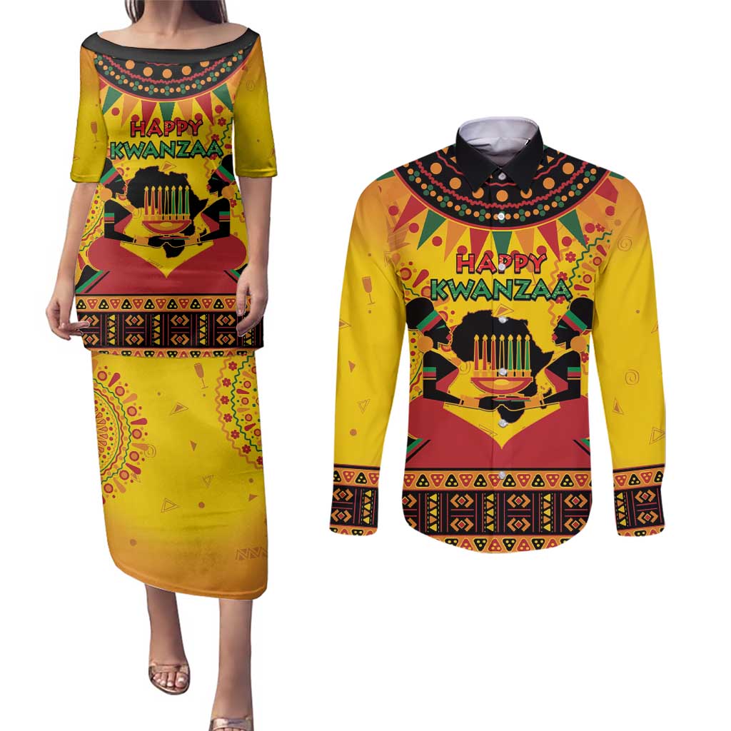 Kwanzaa Holiday Couples Matching Puletasi and Long Sleeve Button Shirt African Pattern - Wonder Print Shop
