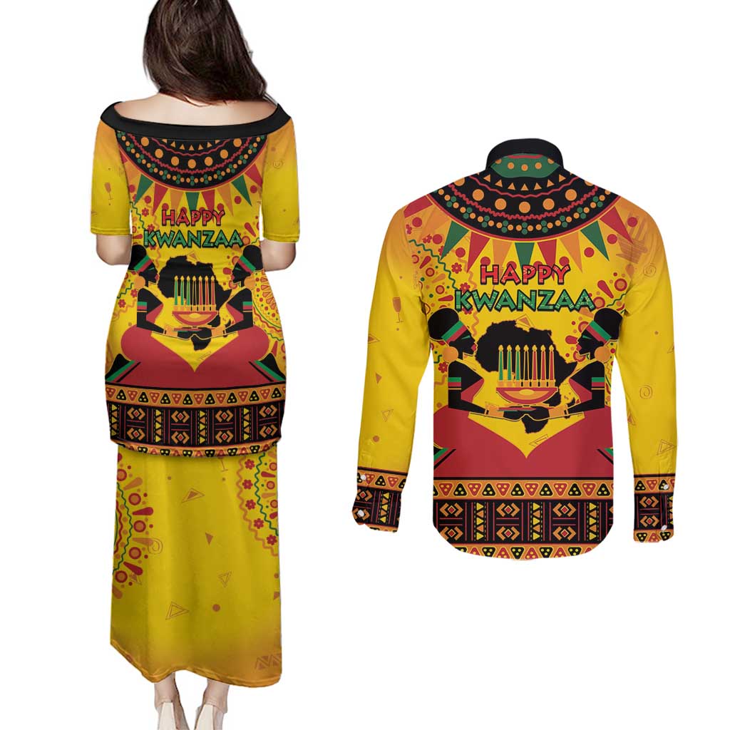 Kwanzaa Holiday Couples Matching Puletasi and Long Sleeve Button Shirt African Pattern - Wonder Print Shop
