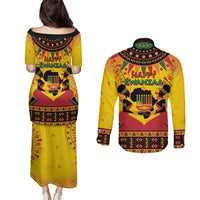 Kwanzaa Holiday Couples Matching Puletasi and Long Sleeve Button Shirt African Pattern - Wonder Print Shop