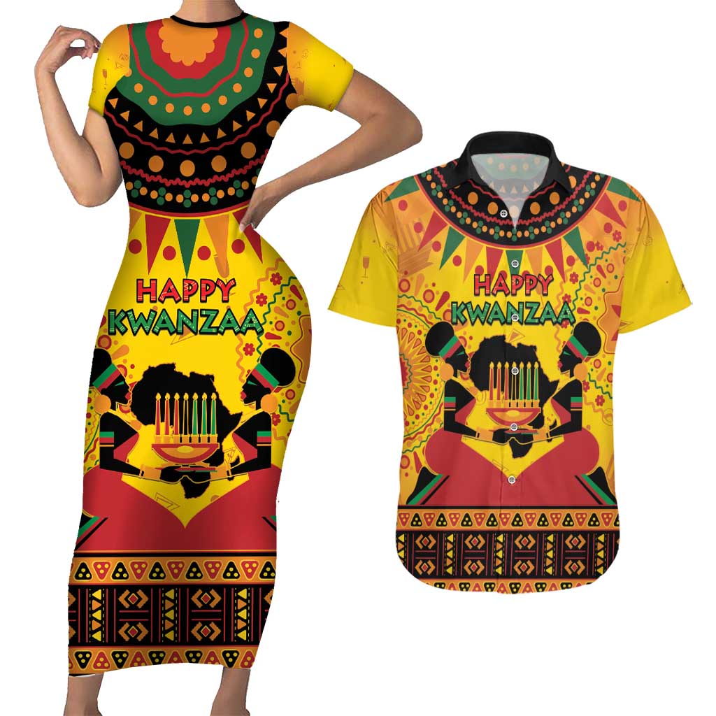 Kwanzaa Holiday Couples Matching Short Sleeve Bodycon Dress and Hawaiian Shirt African Pattern - Wonder Print Shop