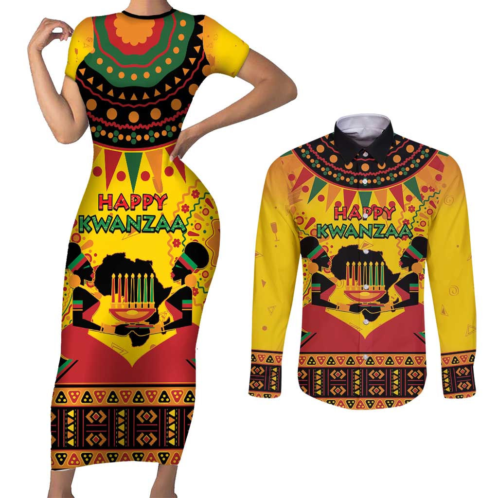 Kwanzaa Holiday Couples Matching Short Sleeve Bodycon Dress and Long Sleeve Button Shirt African Pattern - Wonder Print Shop