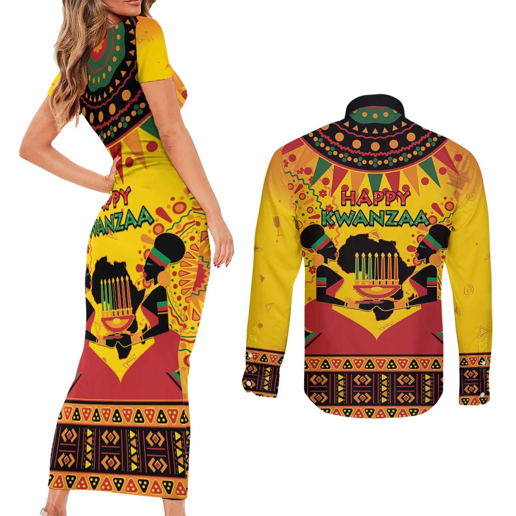 Kwanzaa Holiday Couples Matching Short Sleeve Bodycon Dress and Long Sleeve Button Shirt African Pattern - Wonder Print Shop