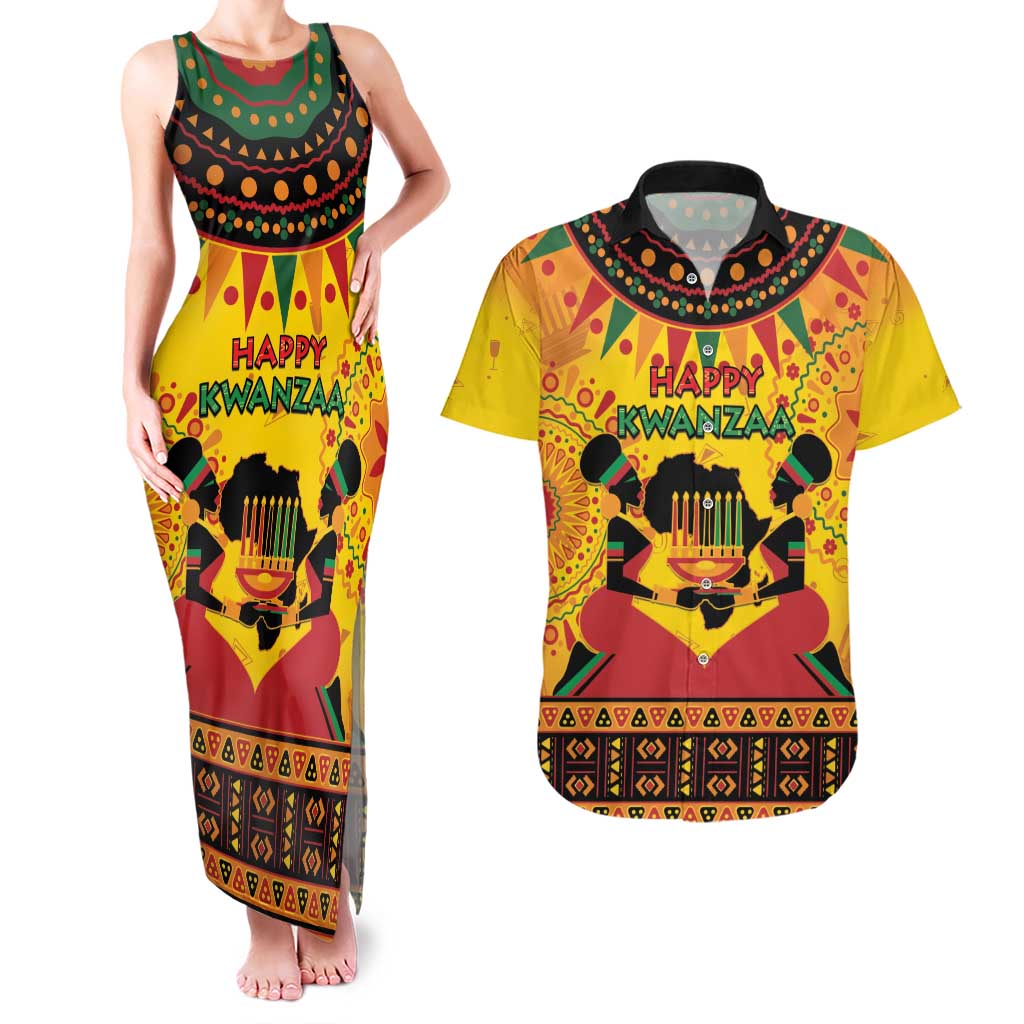 Kwanzaa Holiday Couples Matching Tank Maxi Dress and Hawaiian Shirt African Pattern - Wonder Print Shop