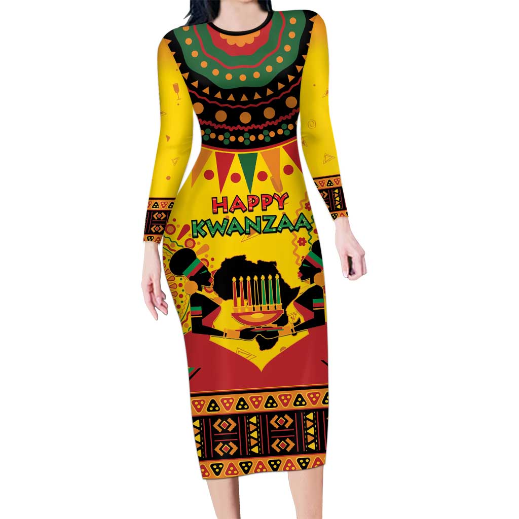Kwanzaa Holiday Family Matching Long Sleeve Bodycon Dress and Hawaiian Shirt African Pattern - Wonder Print Shop