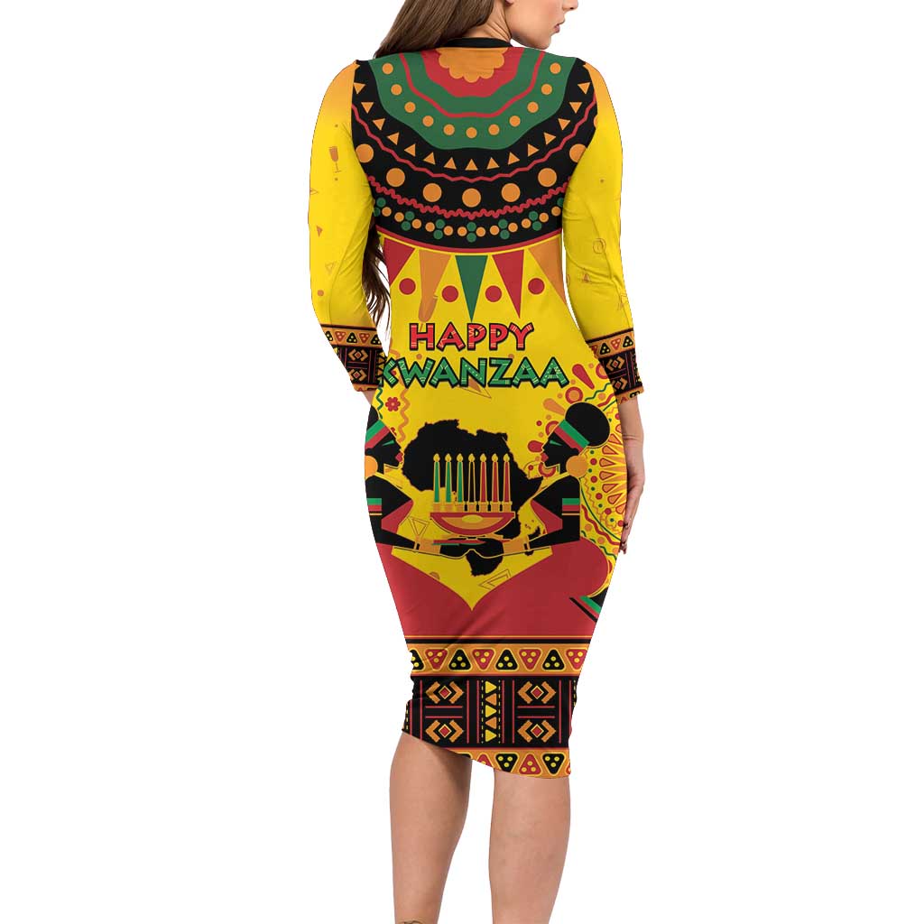 Kwanzaa Holiday Family Matching Long Sleeve Bodycon Dress and Hawaiian Shirt African Pattern - Wonder Print Shop
