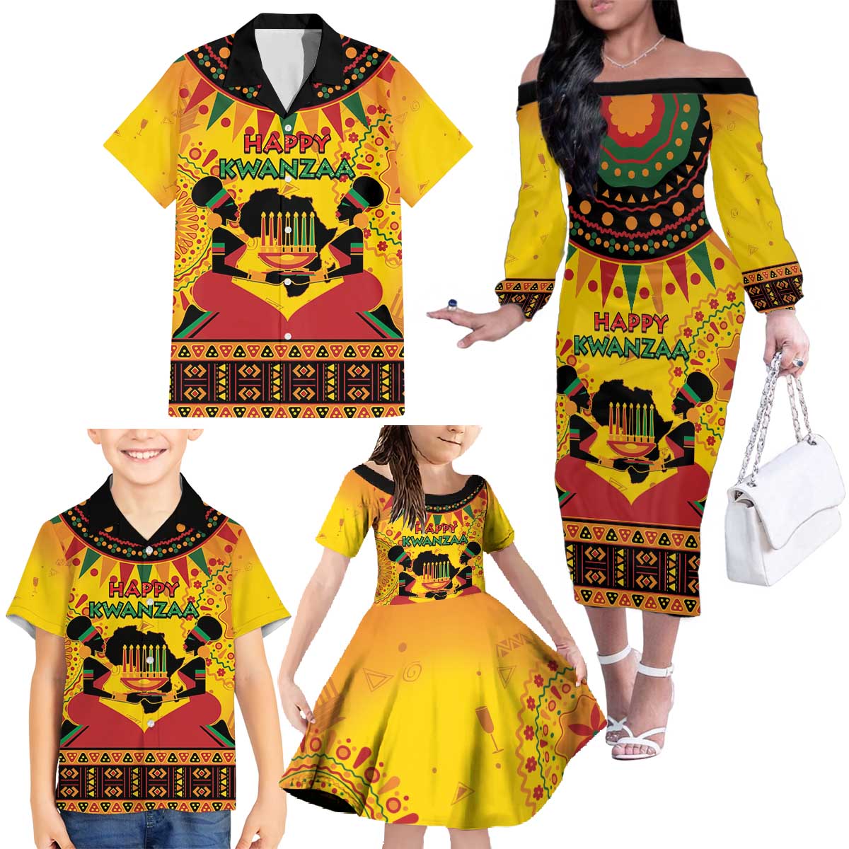 Kwanzaa Holiday Family Matching Off The Shoulder Long Sleeve Dress and Hawaiian Shirt African Pattern - Wonder Print Shop