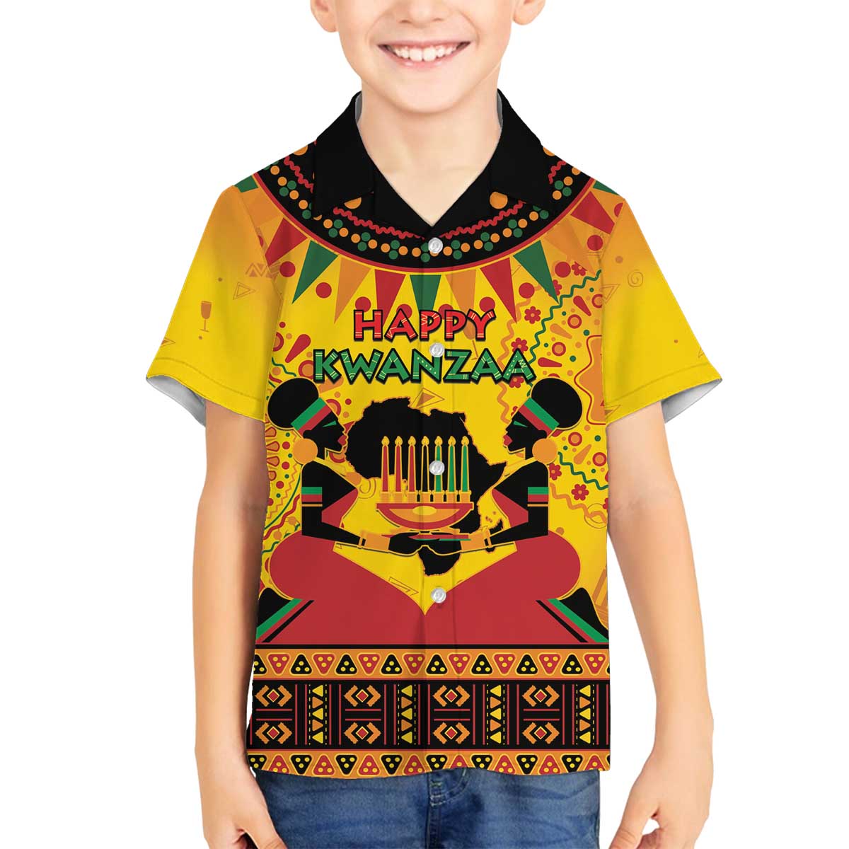 Kwanzaa Holiday Family Matching Off The Shoulder Long Sleeve Dress and Hawaiian Shirt African Pattern - Wonder Print Shop
