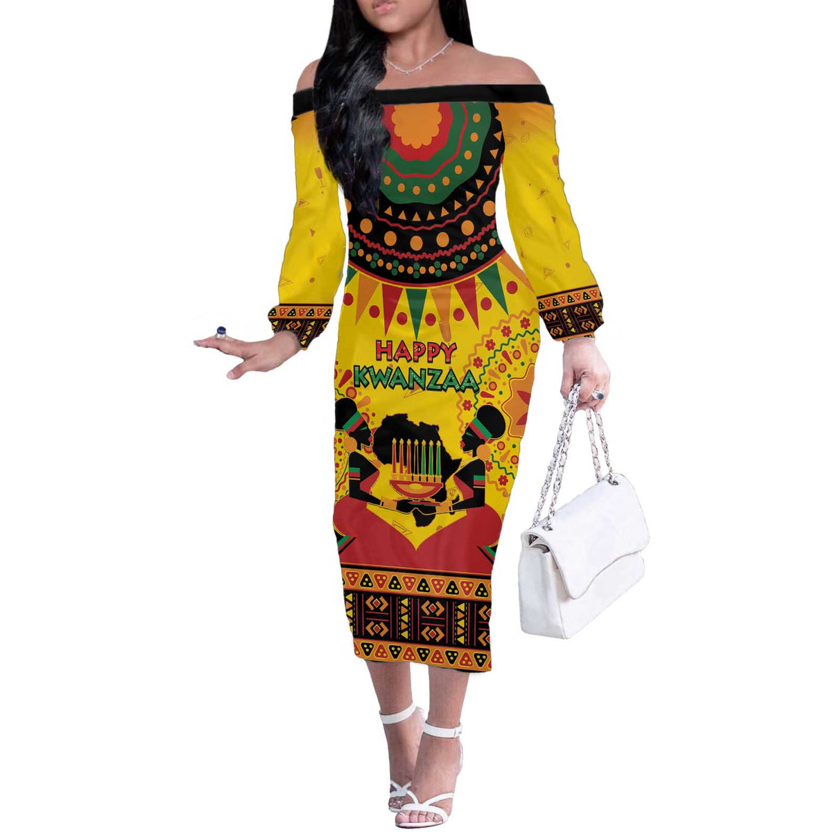 Kwanzaa Holiday Off The Shoulder Long Sleeve Dress African Pattern - Wonder Print Shop