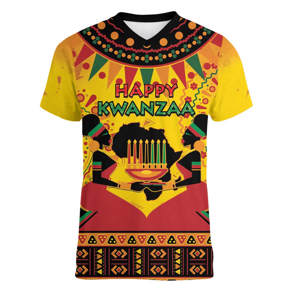Kwanzaa Holiday Women V-Neck T-Shirt African Pattern - Wonder Print Shop