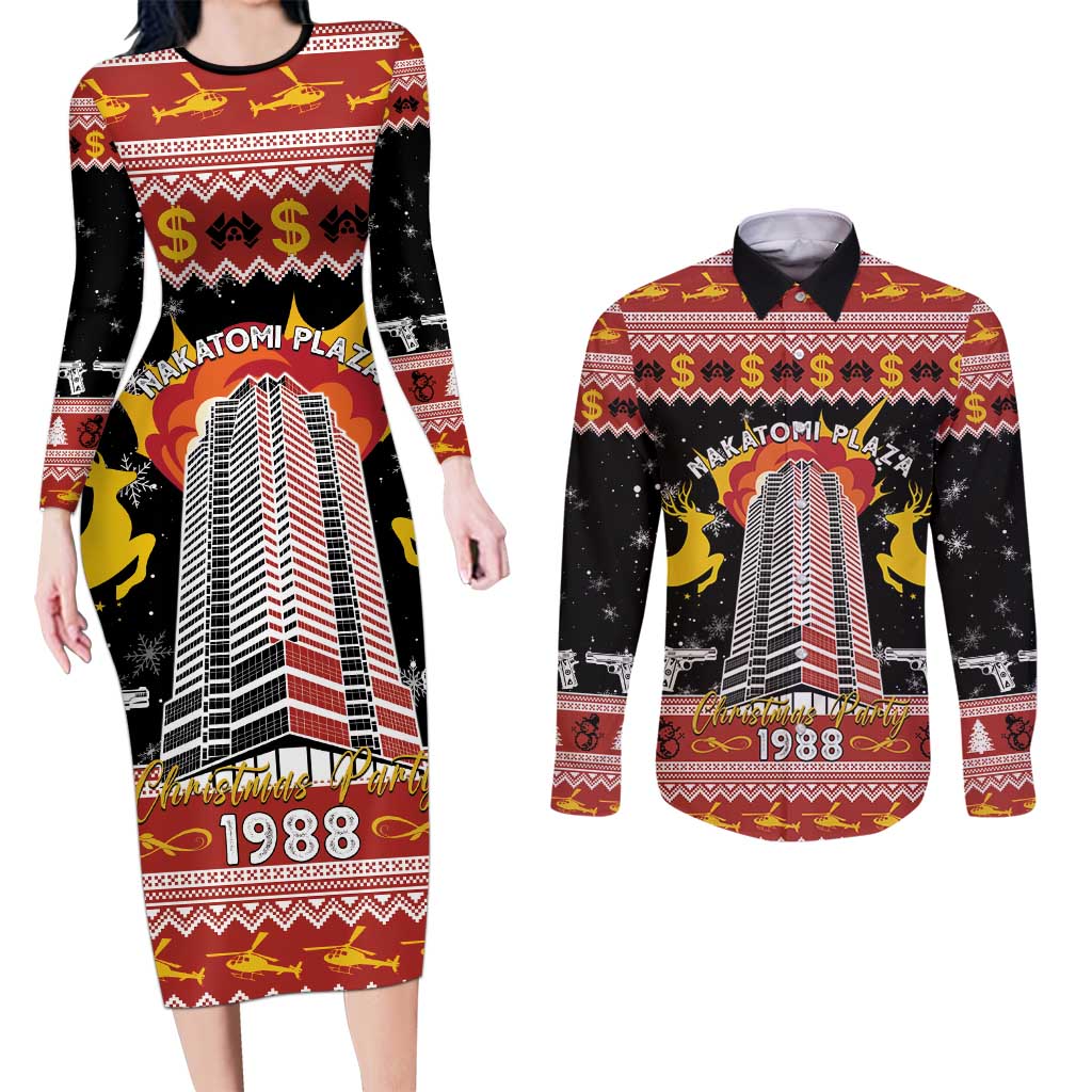 Personalized Nakatomi Plaza Couples Matching Long Sleeve Bodycon Dress and Long Sleeve Button Shirt Christmas Party 1988 - Wonder Print Shop