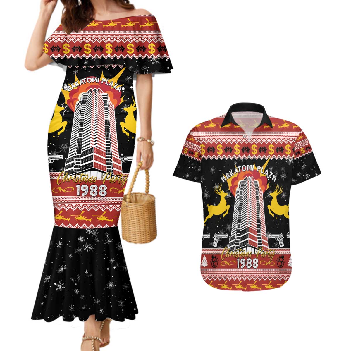 Personalized Nakatomi Plaza Couples Matching Mermaid Dress and Hawaiian Shirt Christmas Party 1988 - Wonder Print Shop
