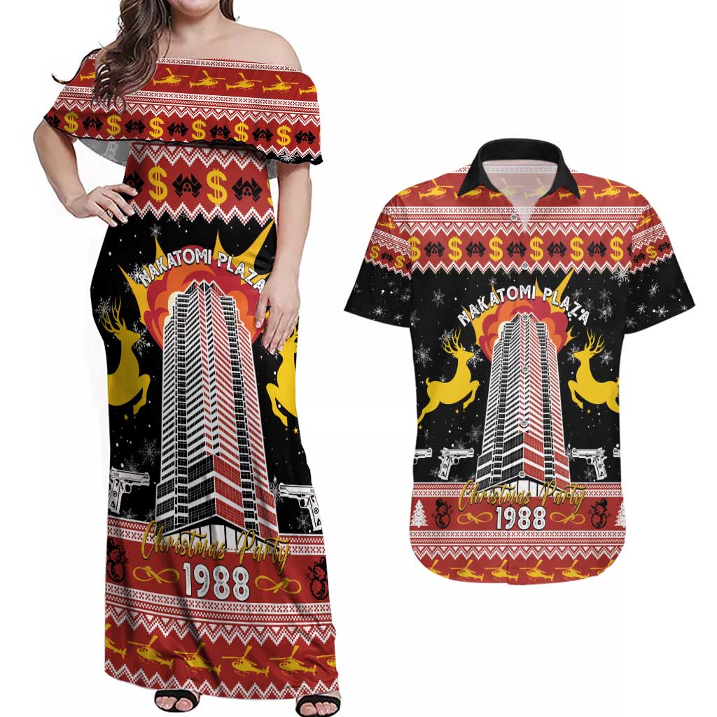Personalized Nakatomi Plaza Couples Matching Off Shoulder Maxi Dress and Hawaiian Shirt Christmas Party 1988 - Wonder Print Shop