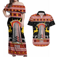 Personalized Nakatomi Plaza Couples Matching Off Shoulder Maxi Dress and Hawaiian Shirt Christmas Party 1988 - Wonder Print Shop