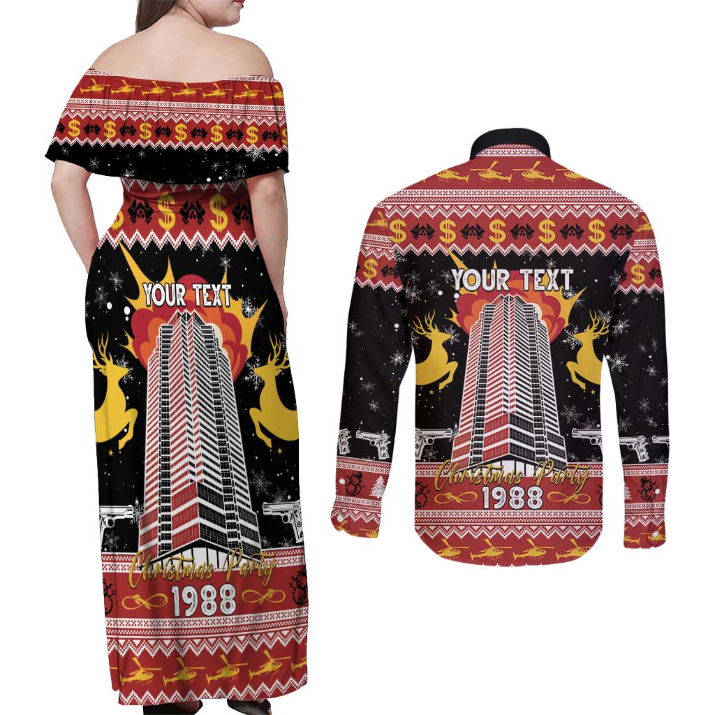 Personalized Nakatomi Plaza Couples Matching Off Shoulder Maxi Dress and Long Sleeve Button Shirt Christmas Party 1988 - Wonder Print Shop