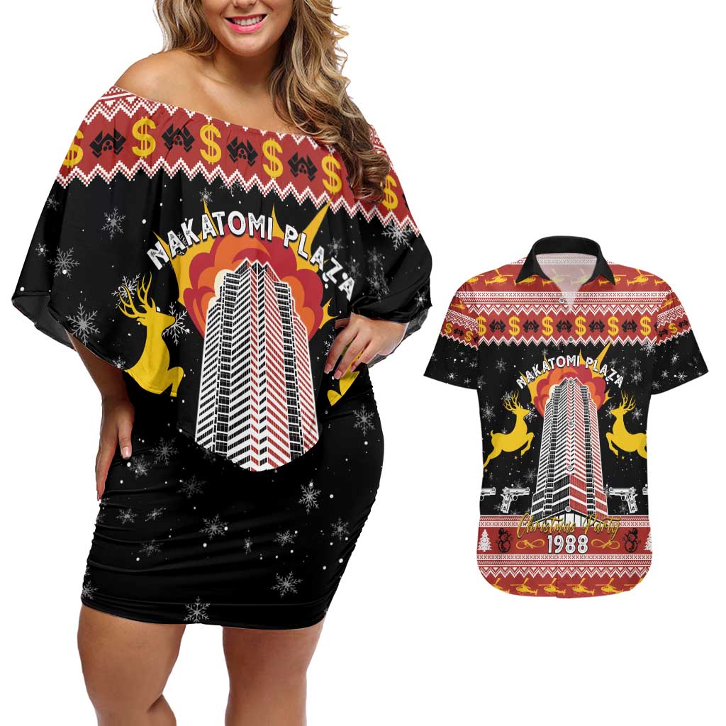 Personalized Nakatomi Plaza Couples Matching Off Shoulder Short Dress and Hawaiian Shirt Christmas Party 1988 - Wonder Print Shop