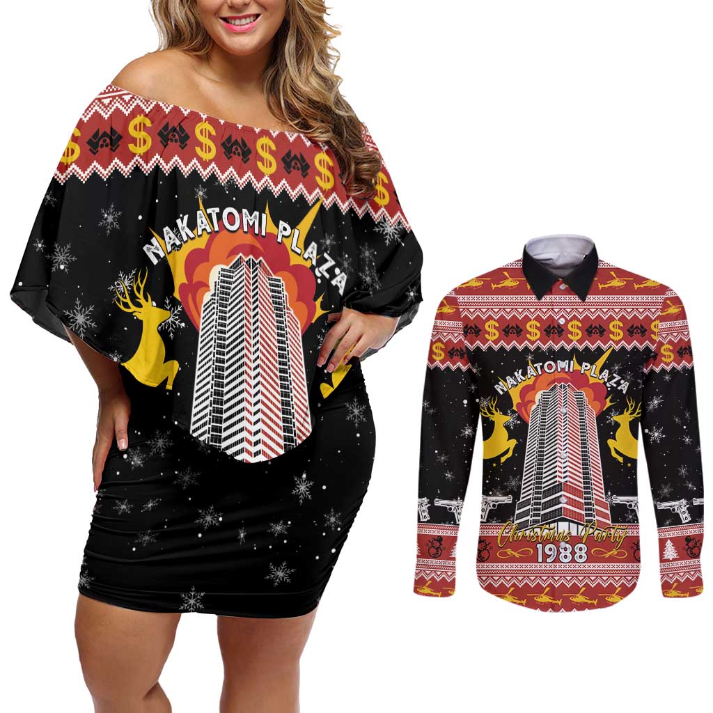 Personalized Nakatomi Plaza Couples Matching Off Shoulder Short Dress and Long Sleeve Button Shirt Christmas Party 1988 - Wonder Print Shop