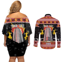 Personalized Nakatomi Plaza Couples Matching Off Shoulder Short Dress and Long Sleeve Button Shirt Christmas Party 1988 - Wonder Print Shop