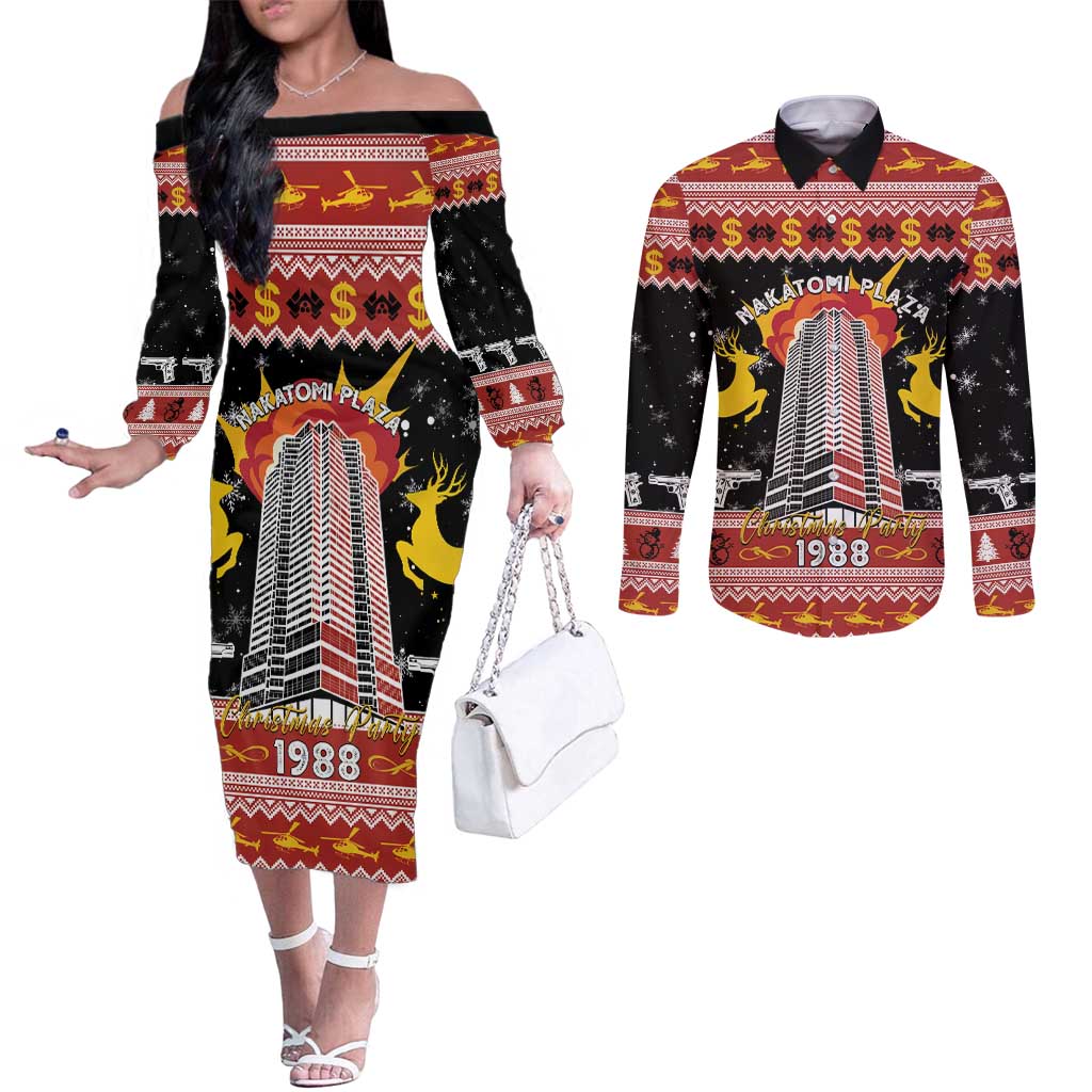 Personalized Nakatomi Plaza Couples Matching Off The Shoulder Long Sleeve Dress and Long Sleeve Button Shirt Christmas Party 1988