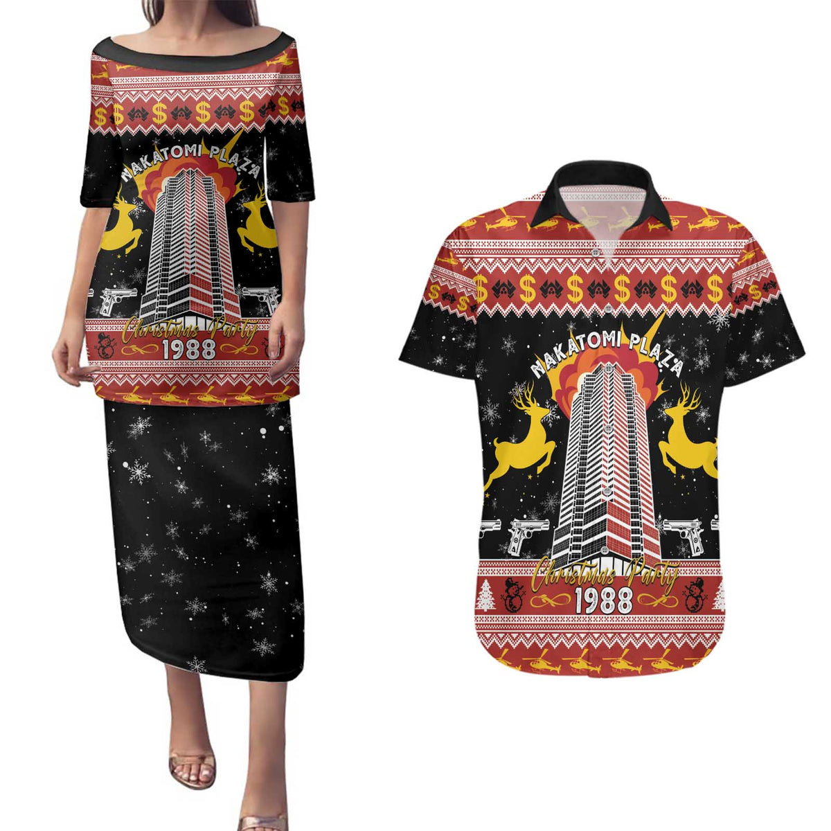 Personalized Nakatomi Plaza Couples Matching Puletasi and Hawaiian Shirt Christmas Party 1988 - Wonder Print Shop