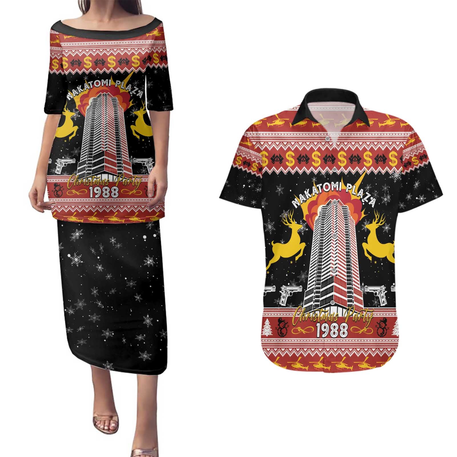 Personalized Nakatomi Plaza Couples Matching Puletasi and Hawaiian Shirt Christmas Party 1988 - Wonder Print Shop