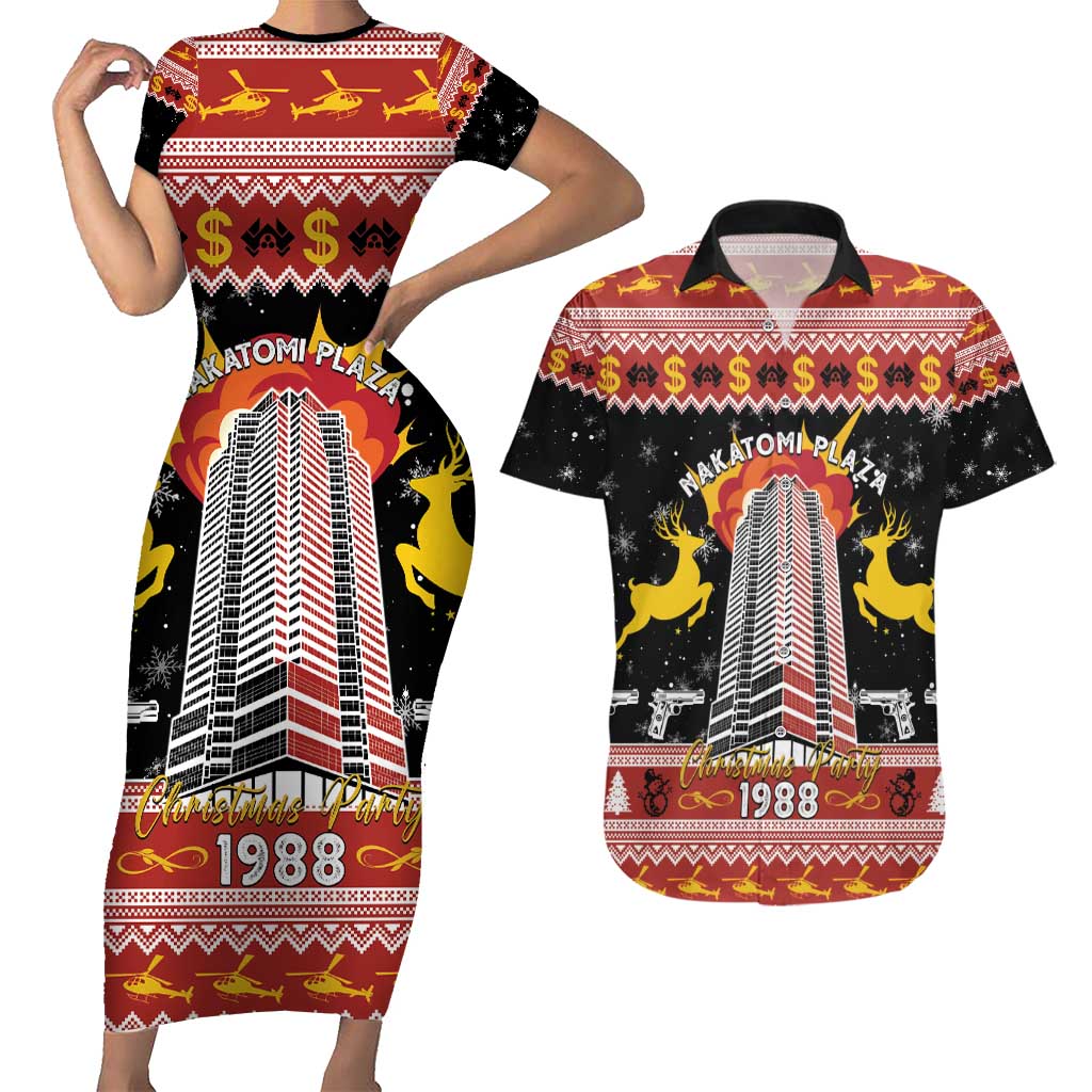Personalized Nakatomi Plaza Couples Matching Short Sleeve Bodycon Dress and Hawaiian Shirt Christmas Party 1988 - Wonder Print Shop