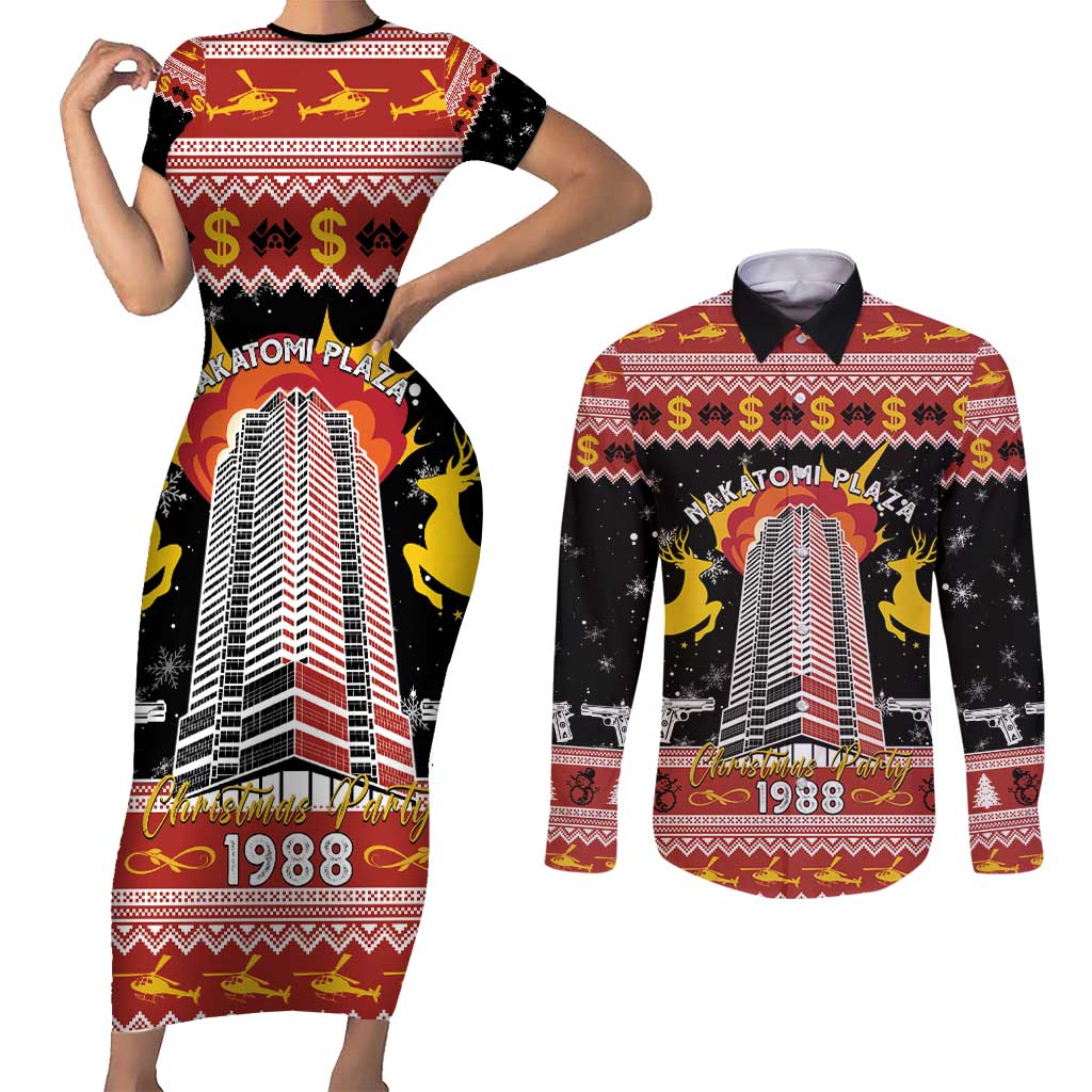 Personalized Nakatomi Plaza Couples Matching Short Sleeve Bodycon Dress and Long Sleeve Button Shirt Christmas Party 1988 - Wonder Print Shop