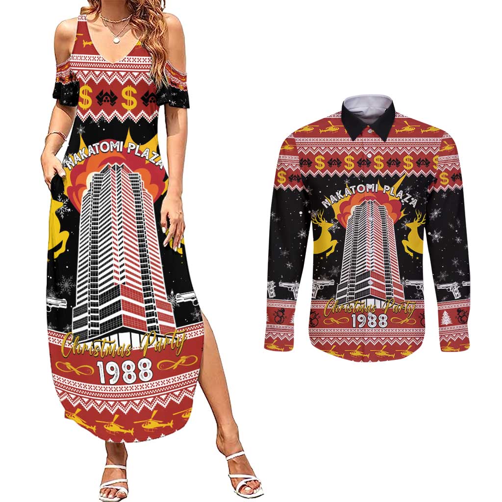 Personalized Nakatomi Plaza Couples Matching Summer Maxi Dress and Long Sleeve Button Shirt Christmas Party 1988 - Wonder Print Shop